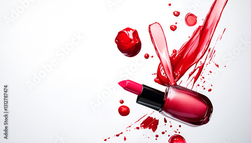Various cosmetics in the air on a white background
