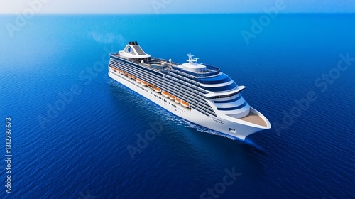 A large cruise ship is sailing across the vast ocean