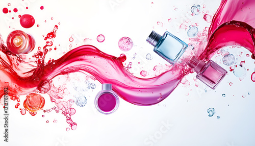 Various cosmetics in the air on a white background