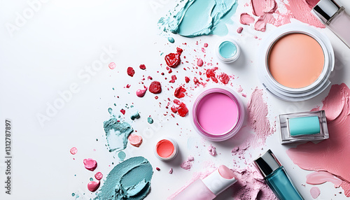 Various cosmetics in the air on a white background