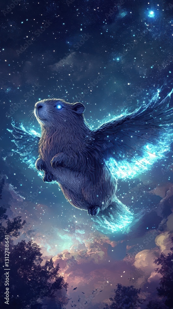 Obraz premium A celestial beaver flies through the night sky with glowing wings