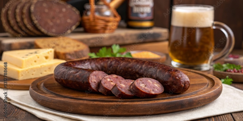 Delicious local delicacies featuring smoked sausage, cheese assortment, and a frothy beer in a rustic setting