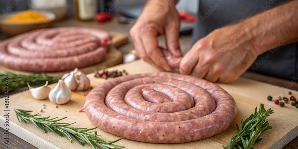 Crafting homemade sausage with fresh herbs and spices on a wooden cutting board in a cozy kitchen setting