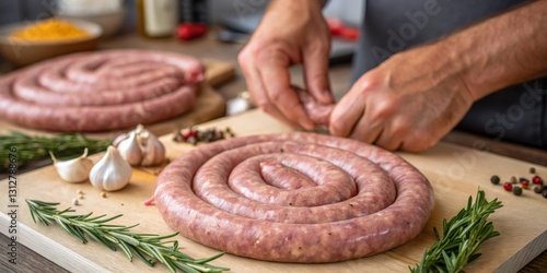 Crafting homemade sausage with fresh herbs and spices on a wooden cutting board in a cozy kitchen setting