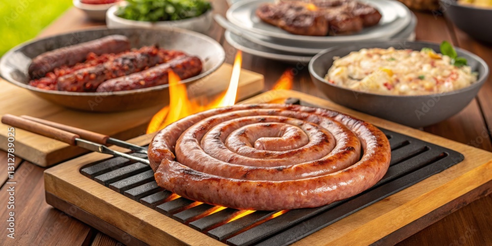 Grilled sausage cooking on a barbecue with vibrant flames and an outdoor setting