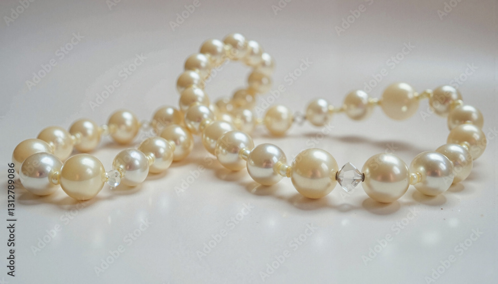 Elegant pearl bead garland on soft surface, decorative adornment Elegant pearl bead garland on soft surface, decorative adornment