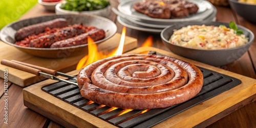 Obraz na płótnie Grilled sausage cooking on a barbecue with vibrant flames and an outdoor setting w salonie