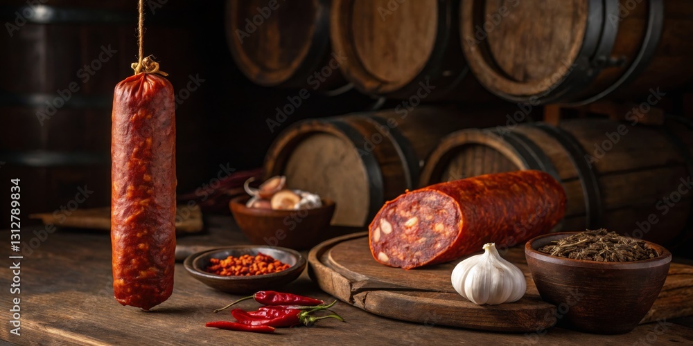 Cured sausage hanging in a rustic setting with spices, garlic, and wooden barrels