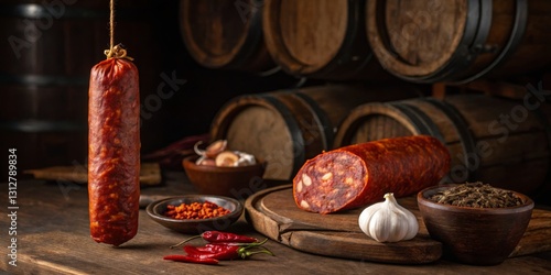 Obraz na płótnie Cured sausage hanging in a rustic setting with spices, garlic, and wooden barrels w salonie