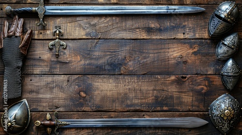 A collection of medieval weapons and armor arranged on a wooden surface.