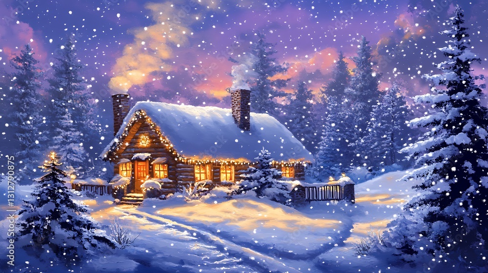 Fototapeta premium A cozy snow covered cabin glows warmly in a winter wonderland