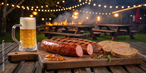 Delicious grilled sausage served with bread and beer at an outdoor gathering under string lights