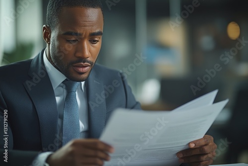 Business professional reviews important documents in a modern office setting during the daytime