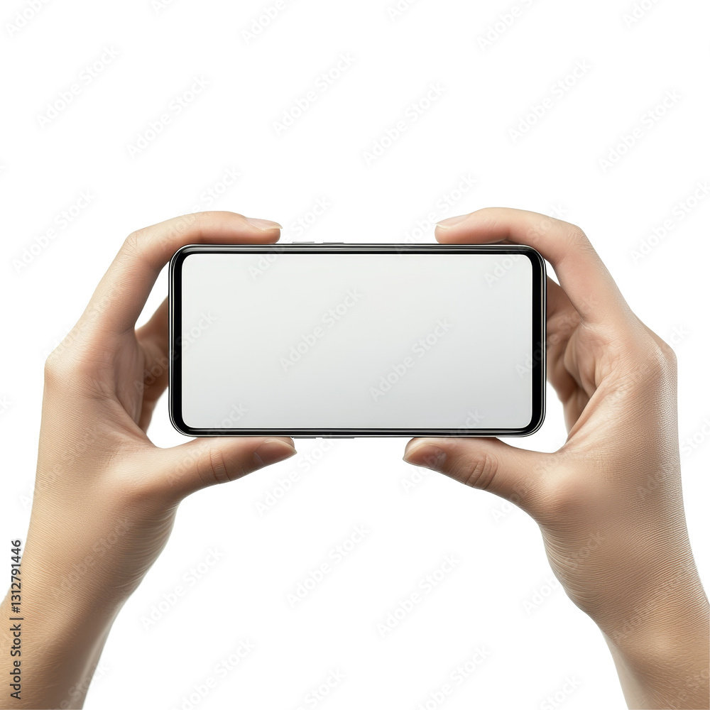 Horizontal smartphone mockup held by hands against a clean transparent background for display and design purposes, Mobile phone display mockup, horizontal smartphone screen in hands, isolated on Horizontal smartphone mockup held by hands against a clean transparent background for display and design purposes, Mobile phone display mockup, horizontal smartphone screen in hands, isolated on