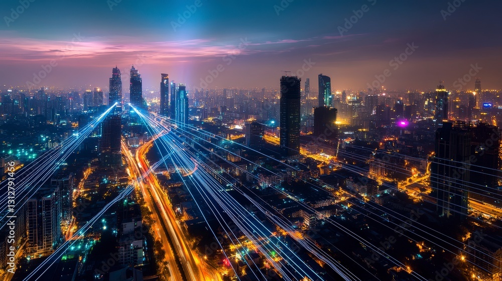 Fototapeta premium Vibrant city with neon digital pathways in view