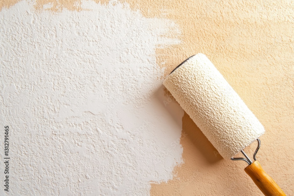 Obraz premium Painting wall with roller, light beige background