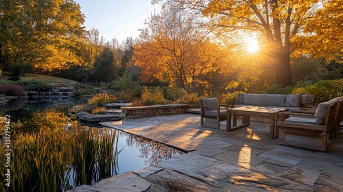 Serene autumn sunset over a tranquil pond and patio with comfortable seating.
