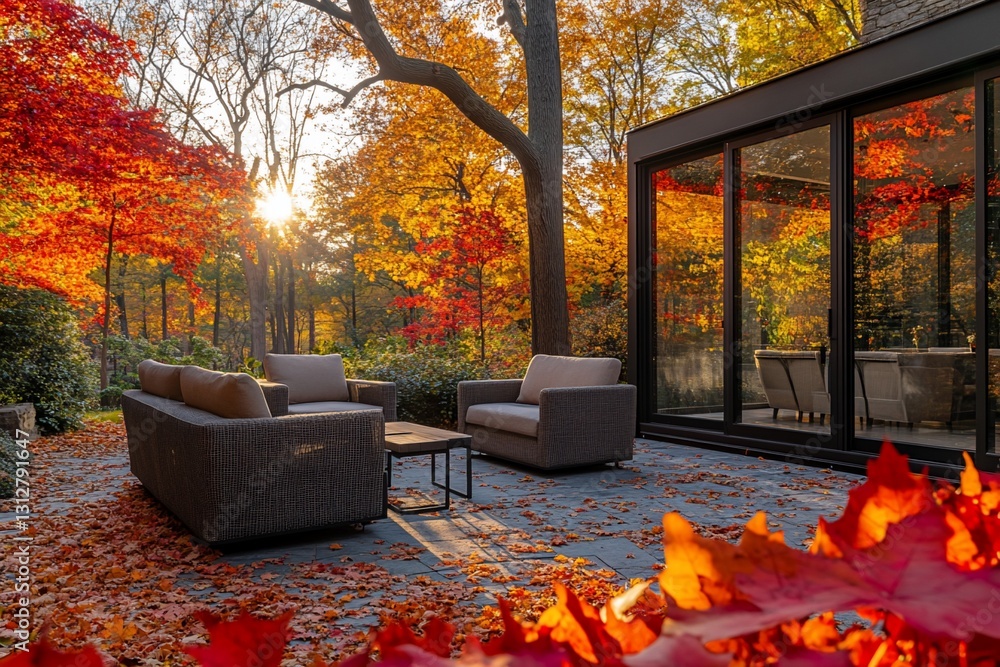 Fototapete Rund Fallen - Autumnal backyard patio scene with modern furniture and fall foliage. #1312791647