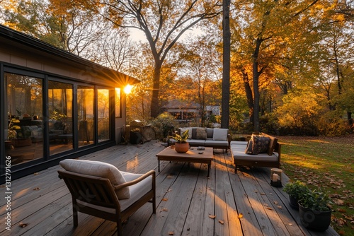 Sunset illuminates autumnal backyard deck with patio furniture.