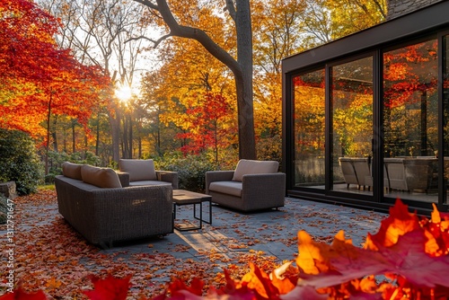 Autumnal backyard patio scene with modern furniture and fall foliage.