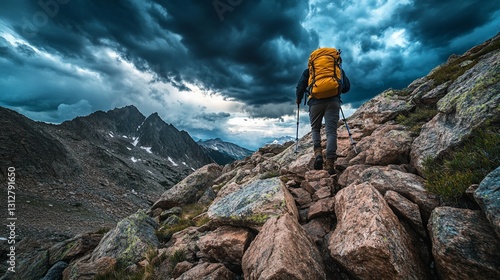 Hiker ascends rocky mountain trail under dramatic stormy sky.