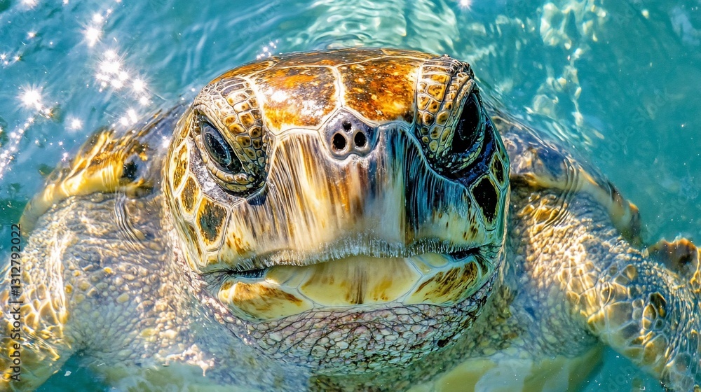 Obraz premium Close-up of a sea turtle's head surfacing in clear turquoise water.