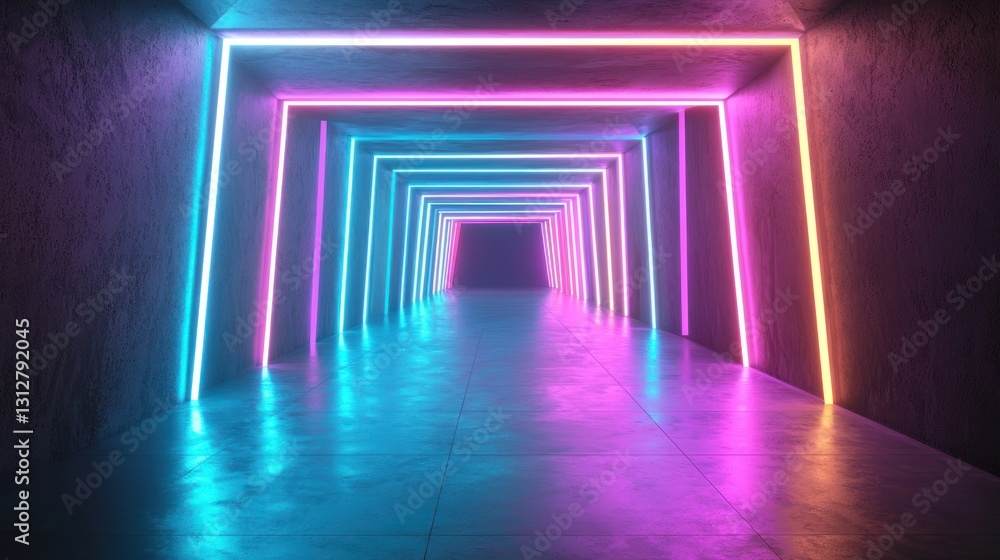 Neon lights illuminate a futuristic tunnel. Neon lights illuminate a futuristic tunnel.