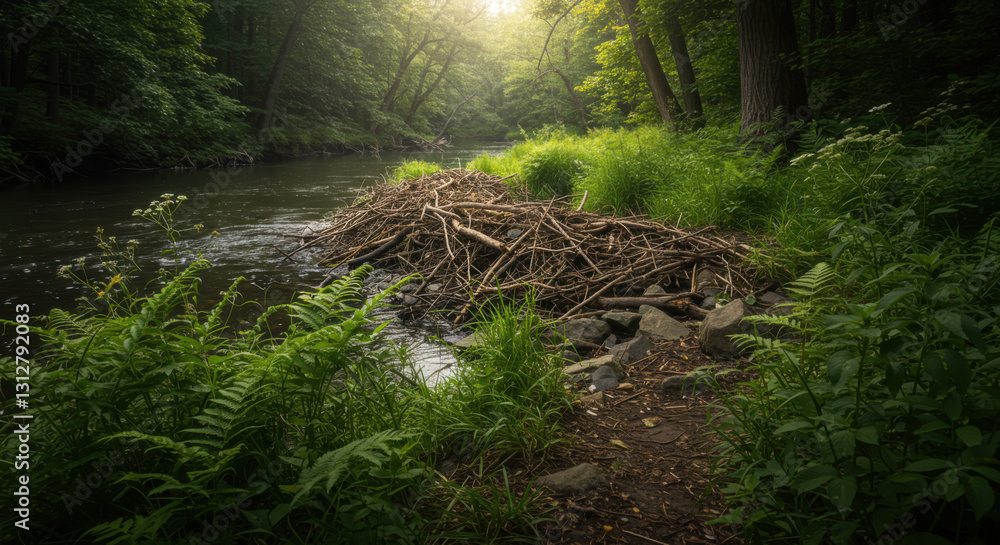 Fototapeta premium A Photograph Of A Serene Riverbank With A Detailed Beaver Dam Surrounded By Lush Greenery