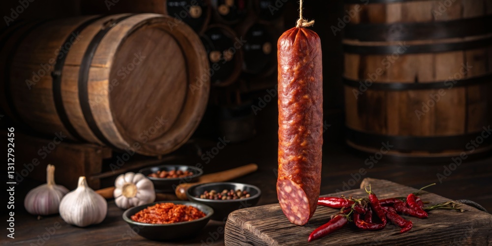 Smoky artisan sausage hanging beside spices and garlic in rustic setting with wooden barrels and dark background