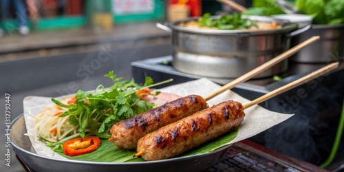 Obraz na płótnie Grilled skewers with fresh herbs and vegetables served on a street food stall in a bustling market w salonie
