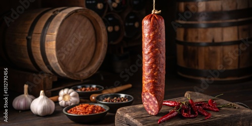 Obraz na płótnie Smoky artisan sausage hanging beside spices and garlic in rustic setting with wooden barrels and dark background w salonie