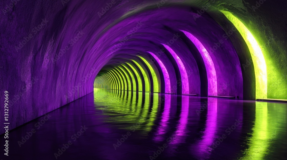 Illuminated arched tunnel reflecting in water. Illuminated arched tunnel reflecting in water.