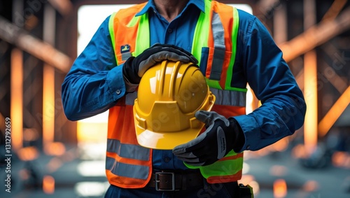 Construction Worker Holding Hard Hat – Workplace Safety and Industrial Protection Concept