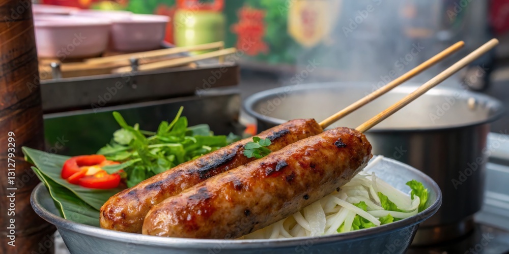 Grilled skewers with fresh herbs and vegetables at a bustling street food market in the early evening