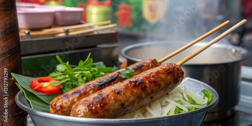 Obraz na płótnie Grilled skewers with fresh herbs and vegetables at a bustling street food market in the early evening w salonie