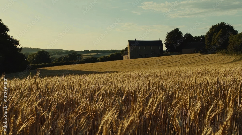 Fototapeta premium Golden wheat field at sunset with farmhouse.