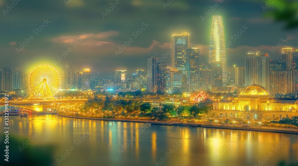 Fototapeta premium Bright city nightscape with ferris wheel and reflections