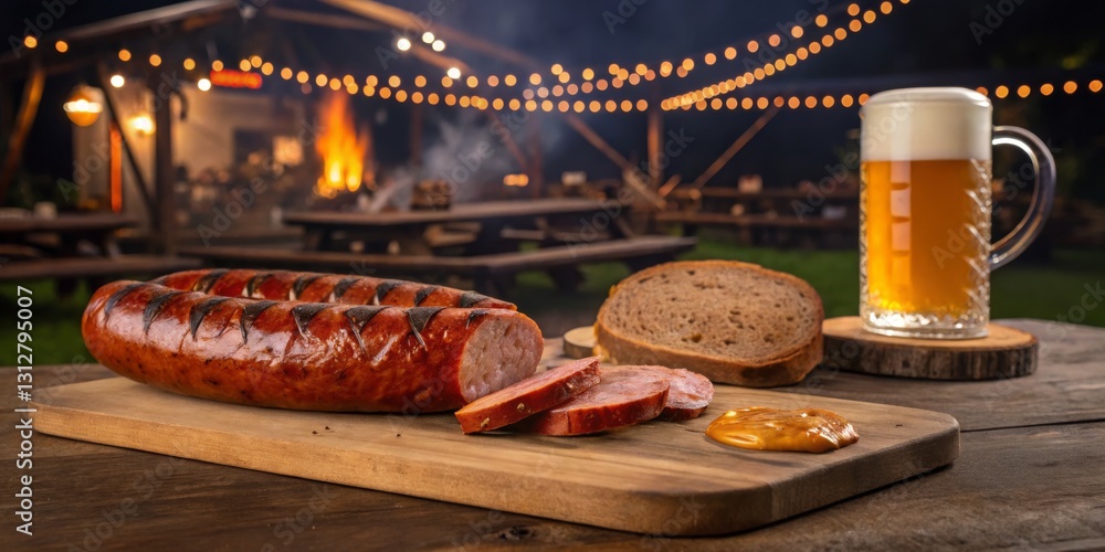 Enjoying an outdoor feast with grilled sausage, beer, and rustic bread at a cozy gathering in the evening