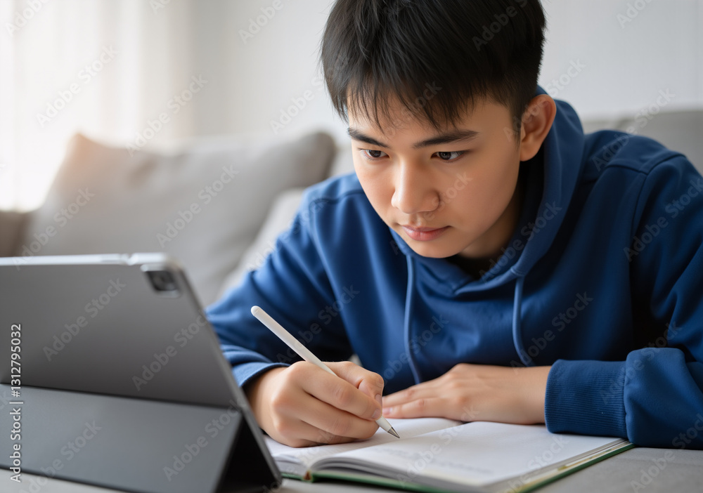 Focused teenage boy writing on notebook and using tablet for online learning at home Focused teenage boy writing on notebook and using tablet for online learning at home