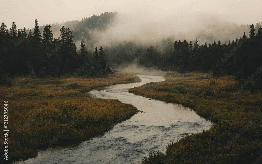 Fototapeta premium Misty Forest Stream Landscape: Tranquil River Winding Through Grassy Meadow