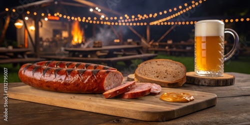 Enjoying an outdoor feast with grilled sausage, beer, and rustic bread at a cozy gathering in the evening