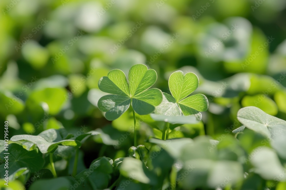 A close-up of a four-leaf clover in the foreground, with blurred greenery behind it, symbolizing good fortune and luck for a St. Patrick's Day celebration Generative AI A close-up of a four-leaf clover in the foreground, with blurred greenery behind it, symbolizing good fortune and luck for a St. Patrick's Day celebration Generative AI
