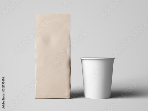 Kraft Paper Coffee Bag and White Cup Mockup on Neutral Background