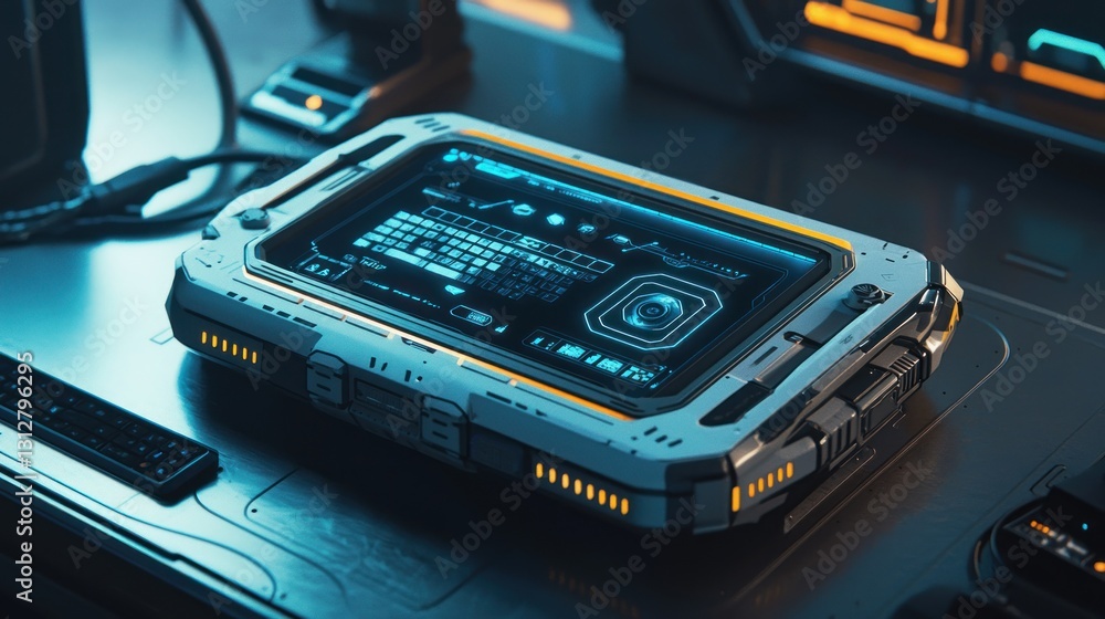 Futuristic tablet device with holographic display on metallic surface. Futuristic tablet device with holographic display on metallic surface.