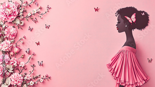 Black Silhouette of a Woman with Pink Flowers and Pleated Garment on Light Pink Background.