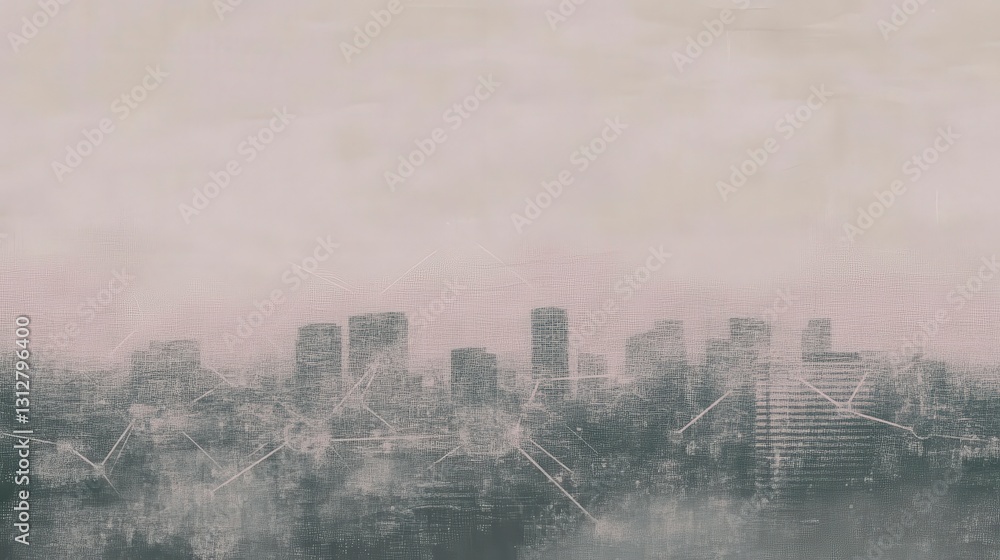 Misty skyline with interconnected digital patterns Misty skyline with interconnected digital patterns