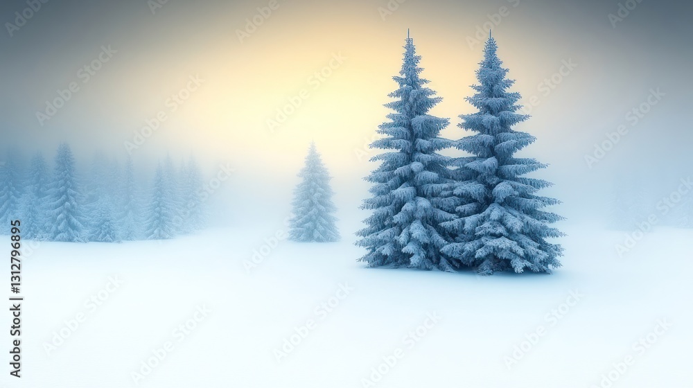 Fototapeta premium Winter Wonderland: Two Majestic Snow-Covered Pines in a Misty Forest