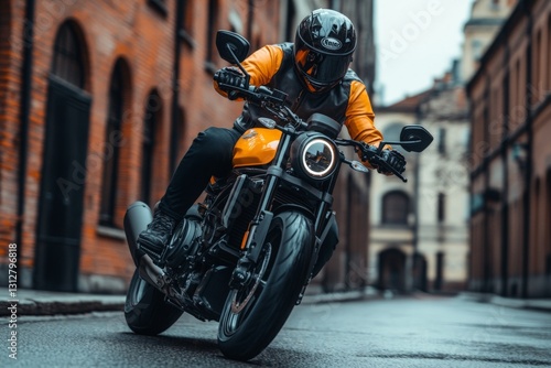 Motorcyclist in orange jacket riding a black motorcycle down a cobblestone street in an urban area photo