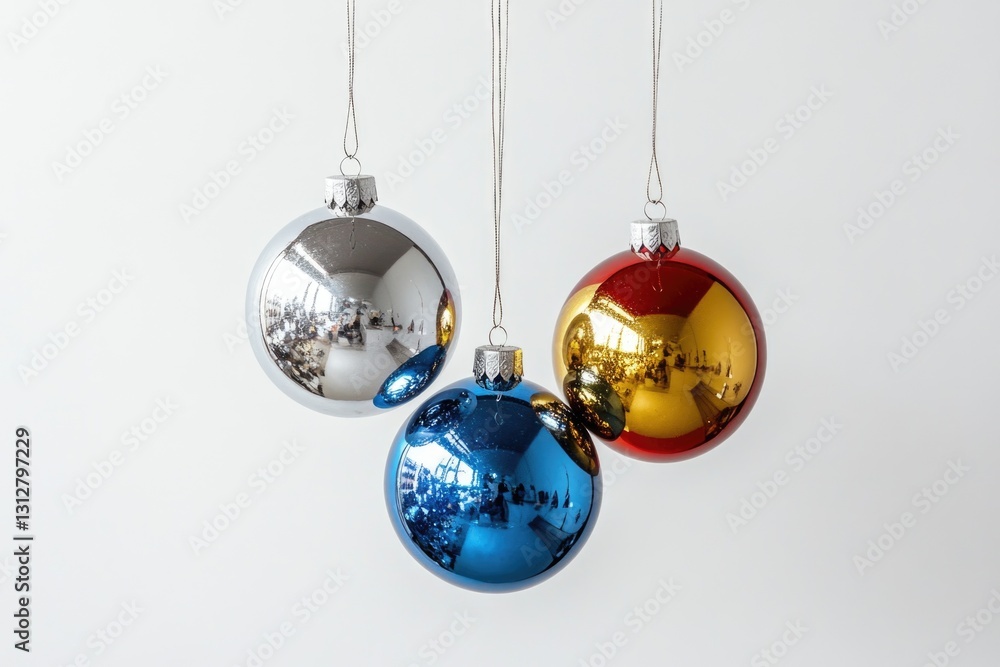 Three Christmas ornaments hanging from a string. The ornaments are blue, red, and yellow Three Christmas ornaments hanging from a string. The ornaments are blue, red, and yellow