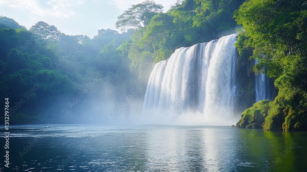 Fototapeta premium Majestic waterfall cascading into serene lake, surrounded by lush green foliage.